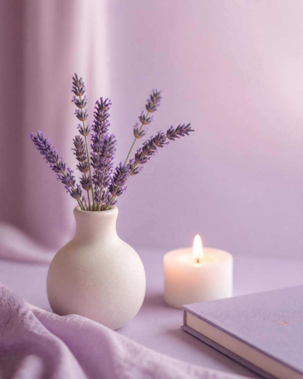 Lavanda, vela encendida y cuaderno evocando calma